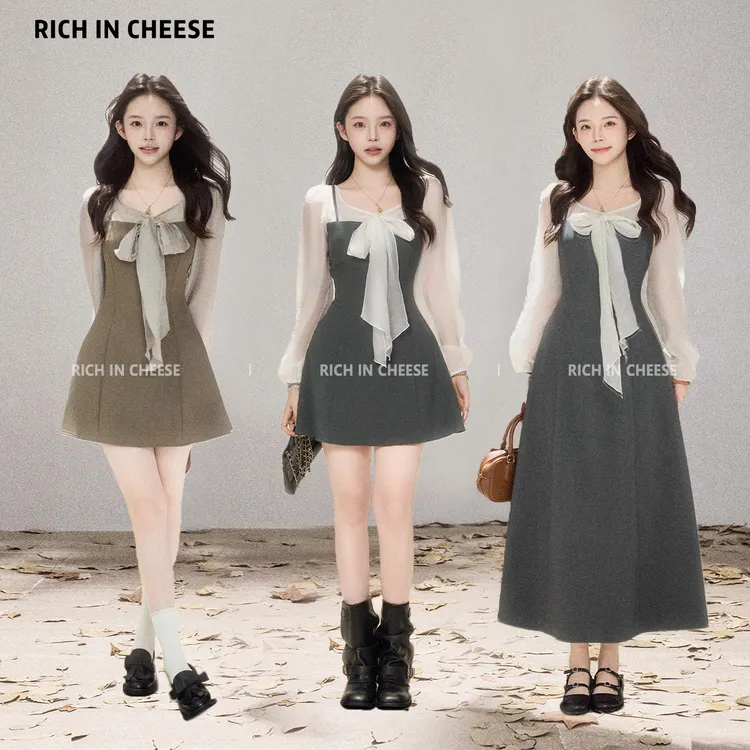 金川川 心动缪斯【部分现货】 韩风气质拼接设计衬衣系带收腰连衣裙