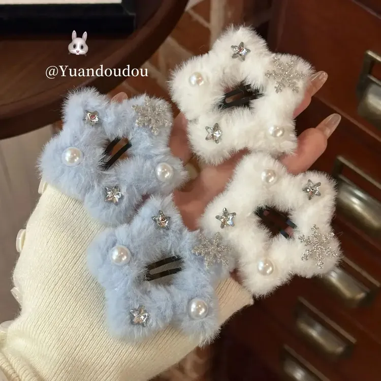 浪漫旋律~冬日毛绒雪花星星发夹女侧边夹甜美可爱韩系发卡刘海夹