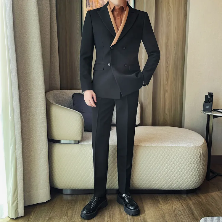 2025高级感双排扣西装男套装商务休闲结婚伴郎装戗驳领布雷泽西服