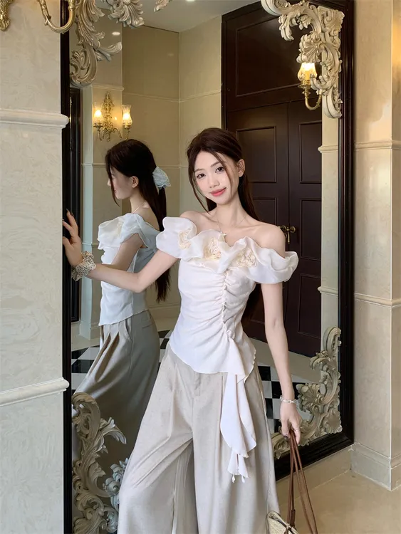 2025新款不规则T恤夏季纯欲花朵一字肩修身显瘦抽褶上衣女chic