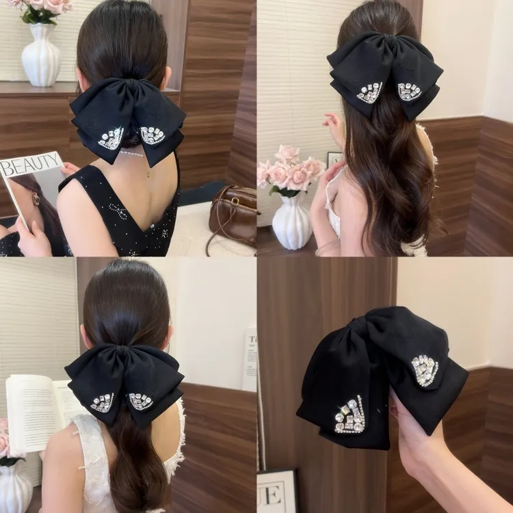 法式闪钻缎面蝴蝶结高级黑发夹时尚百搭后脑勺鲨鱼夹甜美夹子发饰