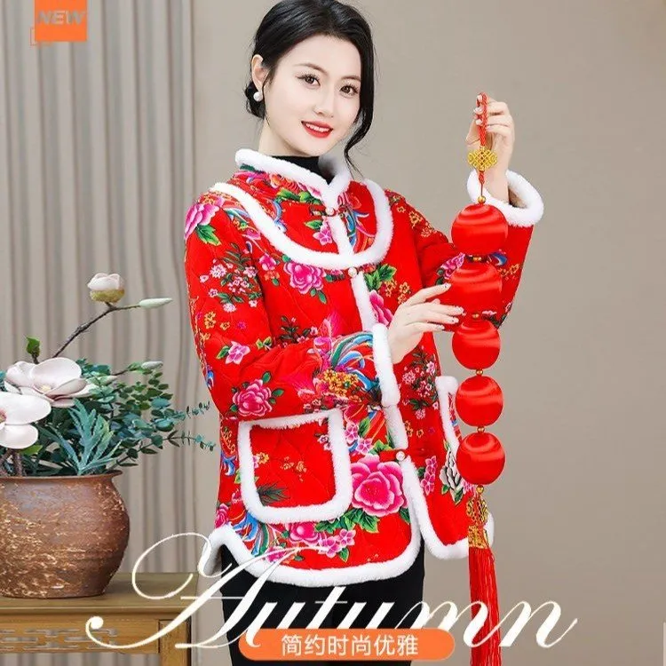 口袋立领加绒加厚花棉袄复古中国民族风妈妈保暖棉衣中式冬款碎花