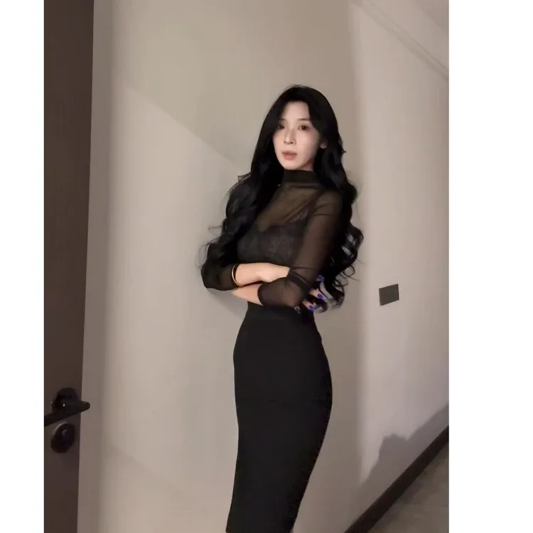 A578 辣妹御姐透视长袖上衣内搭蕾丝吊带抹胸性感半身裙显瘦套装