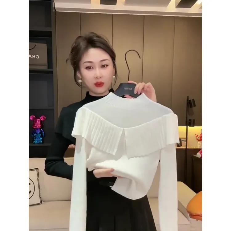 高级感荷叶边半高领针织衫女时尚修身显瘦洋气减龄遮肉纯色打底衫