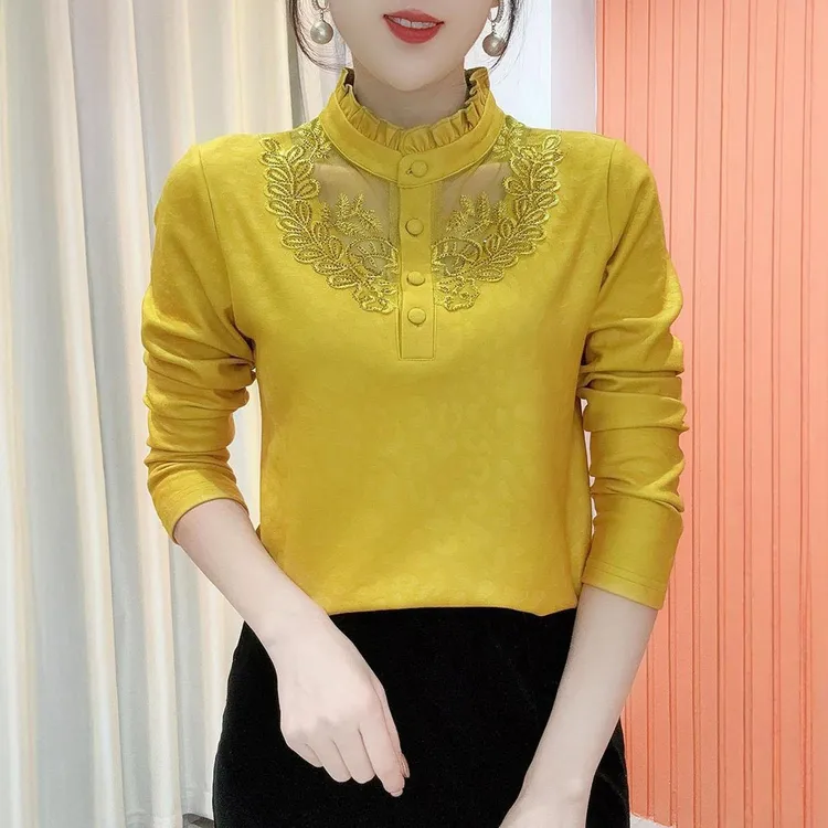 2025秋冬季新款女士气质蕾丝拼接T恤休闲气质百搭减龄加厚上衣