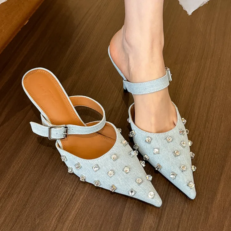 elingstudio 辣妹叛逆！牛仔尖头水钻高跟鞋女细跟春夏穆勒半拖鞋
