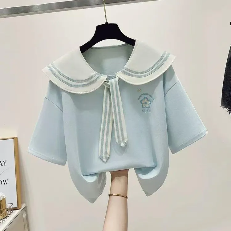 女童2025夏季新款短袖t恤海军领甜美中大童学院风宽松上衣百搭潮