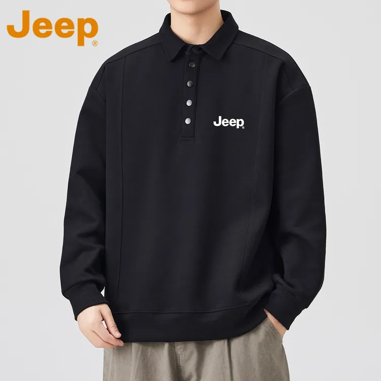 JEEP吉普美式重磅POLO衫卫衣男士高质量春秋季半拉链翻领长袖上衣