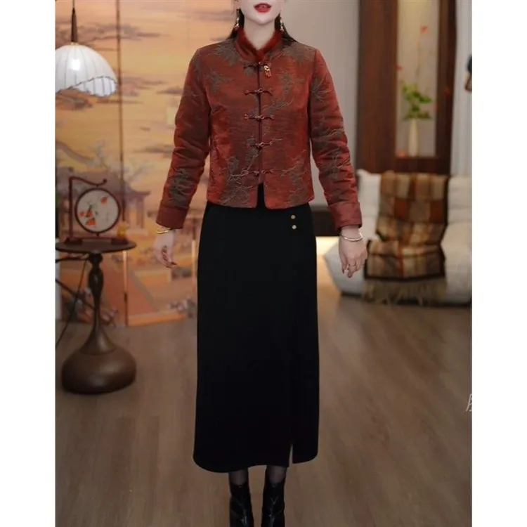 新中式唐风加厚套装裙冬裙新款精致名媛复古显瘦连衣裙棉服两件套