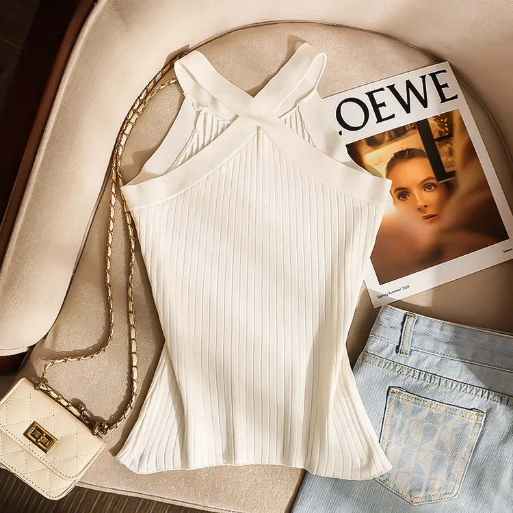 美式挂脖针织小吊带背心女夏外穿设计感修身无袖辣妹穿搭露肩上衣