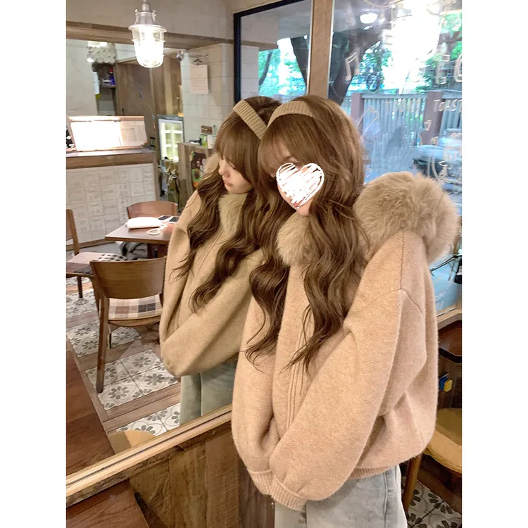 大毛领毛衣开衫外套女秋冬宽松显瘦软糯针织衫长袖上衣 81296