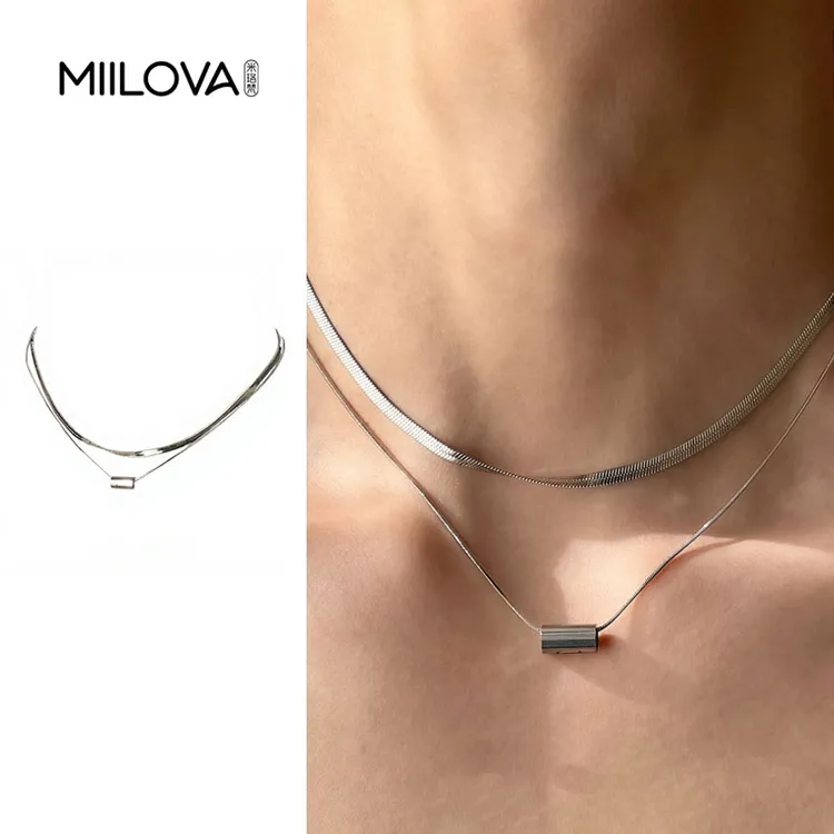 钛钢项链 双层简约蛇骨链吊坠钛钢项链街头嘻哈潮男女小众设计