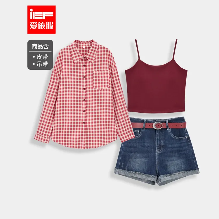 IEF/爱依服2025夏秋新款美式休闲辣妹气质格子衬衫吊带上下套裤