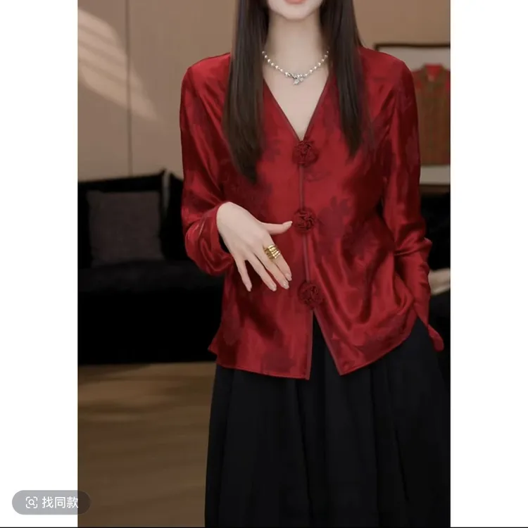 新中式国风女装唐装花朵上衣2025春季新款高级感复古新年红色衬衫