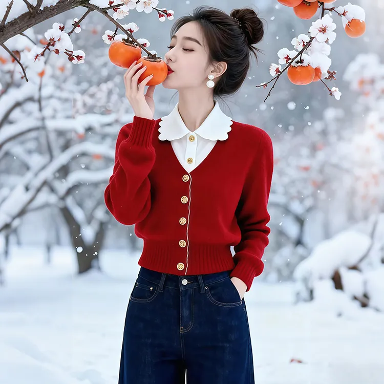 高级感时尚长袖毛衣针织衫女2025年冬季新款小个子拼接撞色上衣潮