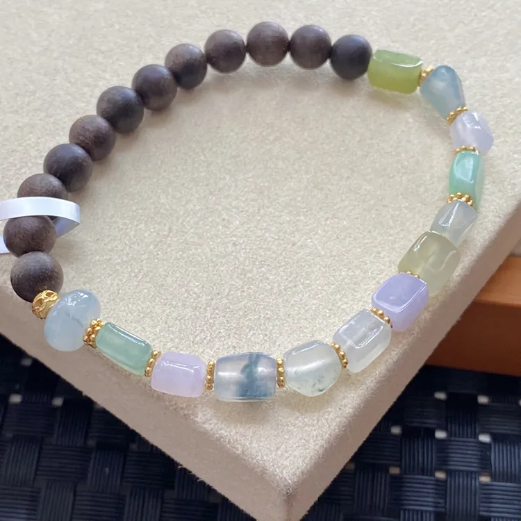 天然翡翠Ａ货冰胶多彩翡翠方糖木珠手串 卡6-7