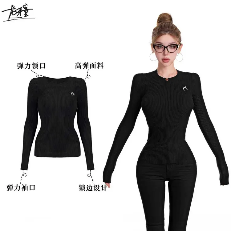 龙牙童推荐【智性弧度】美式复古竖坑条纹针织打底衫显瘦气质风毛衣