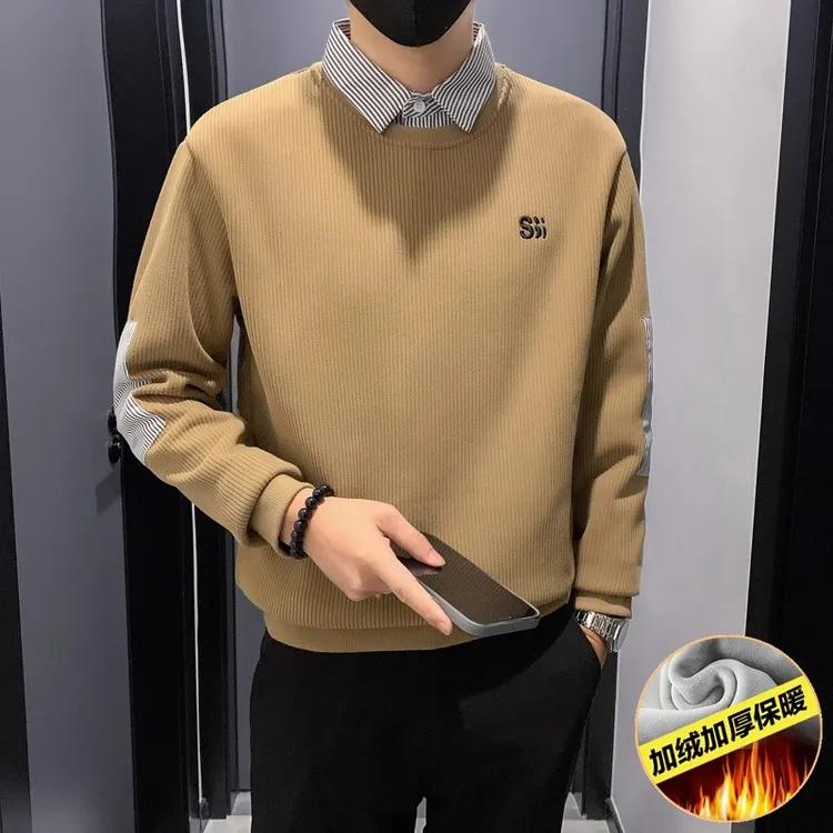 衬衫领卫衣男加绒潮牌假两件灯芯绒春季2025新款秋冬款内搭打底衫