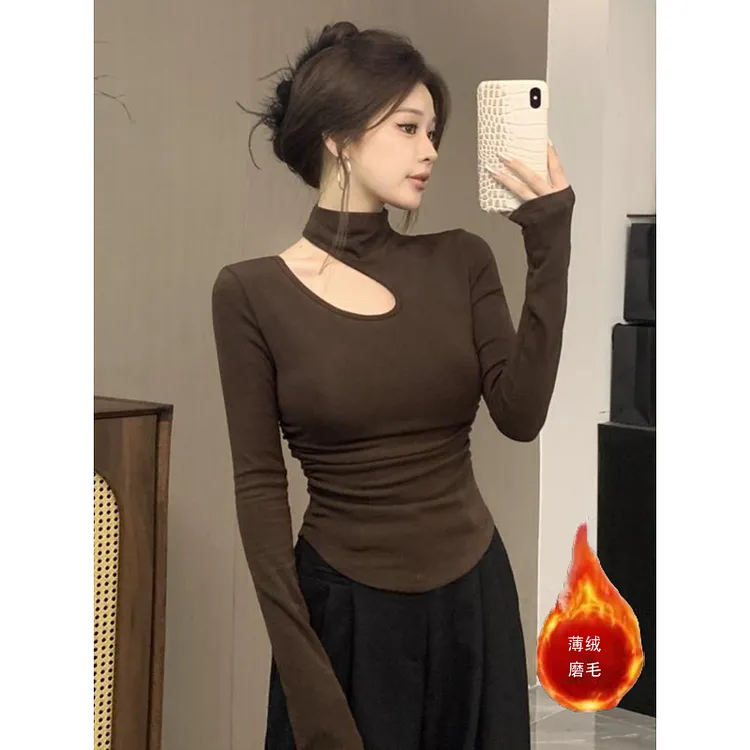 大码小心机辣妹半高领镂空长袖T恤女秋冬设计感内搭加绒打底上衣