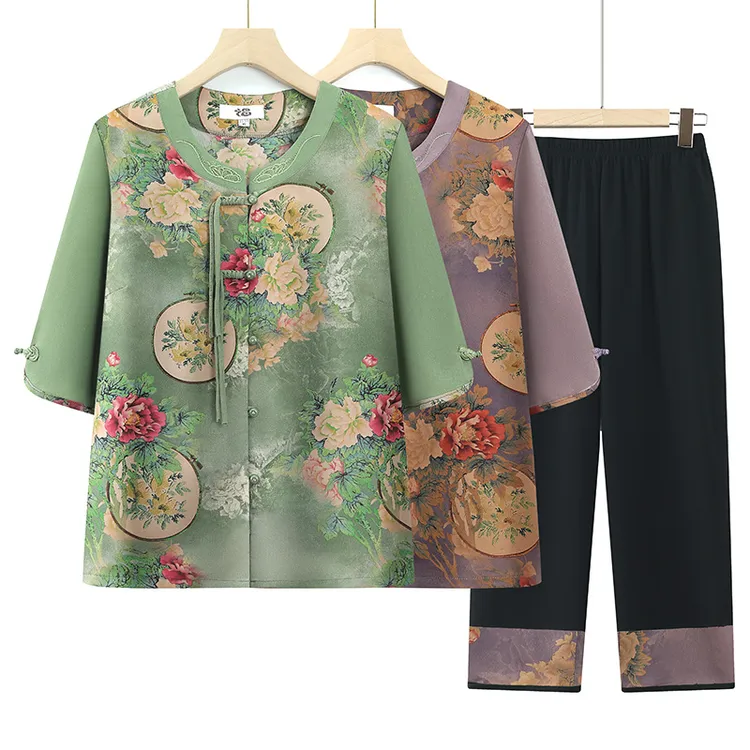 妈妈夏装新中式套装老年女装国风衬衫老人奶奶装夏季中袖雪纺上衣