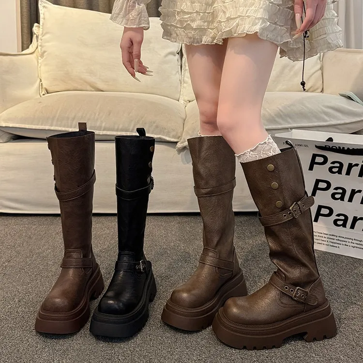 可翻折两穿皮带扣不过膝长筒靴子女2025秋冬新款中筒厚底时装靴潮