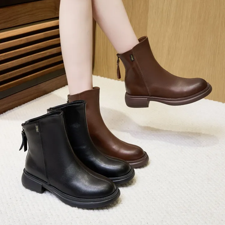 短靴女秋冬新品真皮马丁靴韩版后拉链女式皮靴子一脚蹬厚底休闲鞋