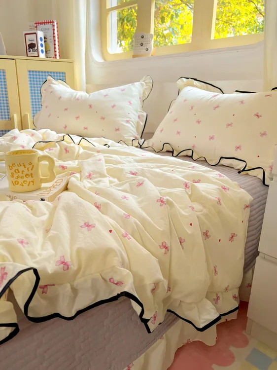 小清新奶油风夏被床盖四件套亲肤软糯透气空调防滑机洗好打理