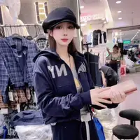 条纹不易变形拉链秋季女牛仔休闲卫衣潮流连帽拼色俩件套