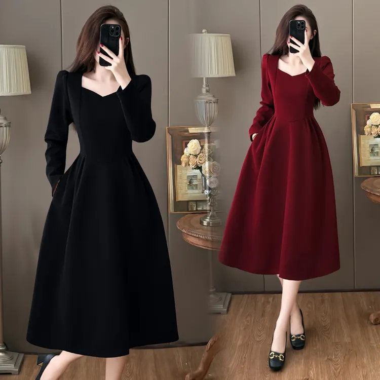 有口袋法式收腰小黑裙微胖秋季穿搭显瘦遮肉大码气质女装连衣裙