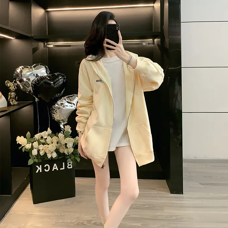 韩版显瘦网红洋气炸街女装浅黄色开衫外套设计感连帽长袖卫衣潮