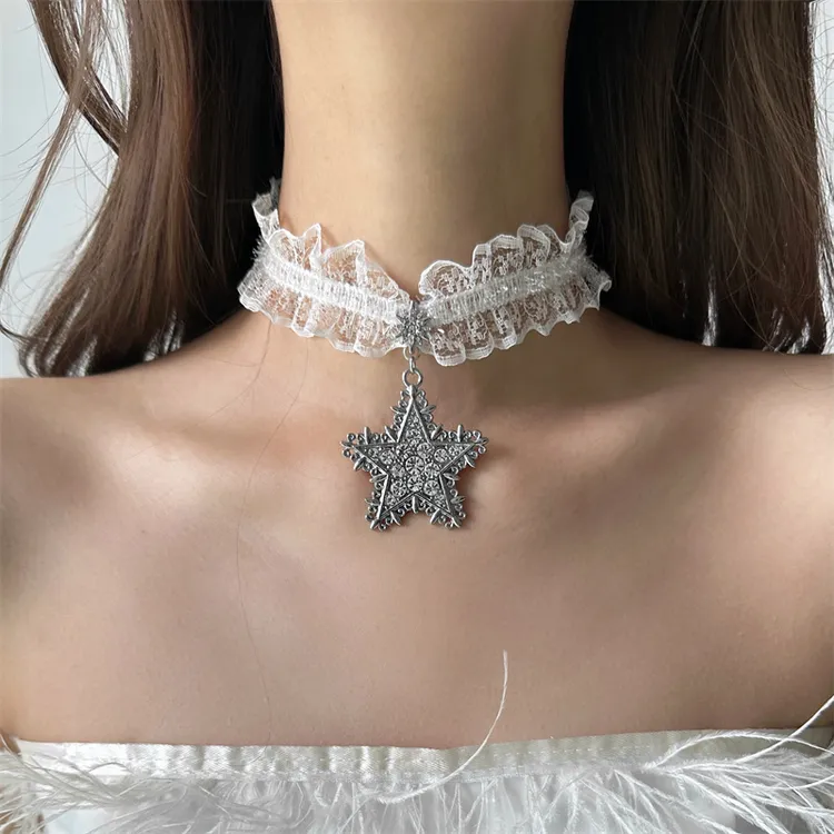 非金属布艺项链 X6107-1法式白色蕾丝五角星choker项链气质复古