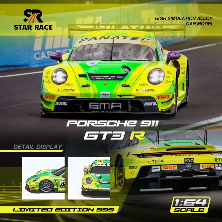 【10月出货】SR 1:64 保时捷911 GT3-黄绿912号赛车 合金汽车模型