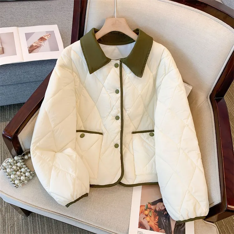 小香风菱格拼色翻领服女秋冬轻薄宽松小个子设计感夹棉外套