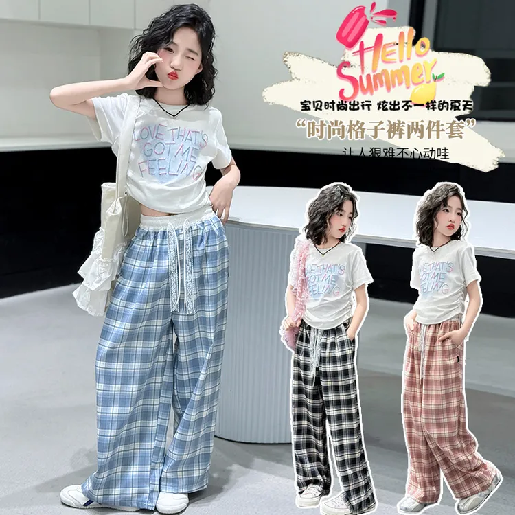 女童夏季新款短袖格子裤两件套2025中大童女孩洋气网红休闲套装潮