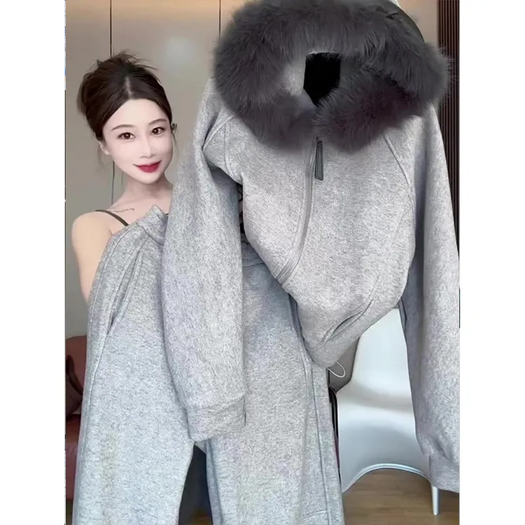 时尚休闲宽松简约小众连帽毛领卫衣套装加绒休闲运动套装2025新款