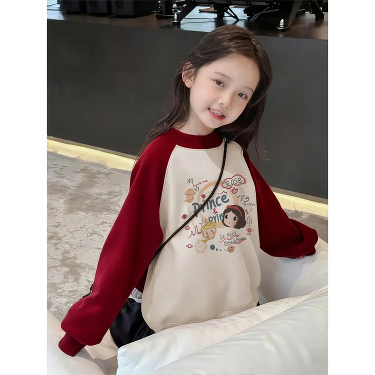 宽松休闲加绒拼色卫衣女童秋冬款洋气百搭中大童加厚插肩长袖上衣