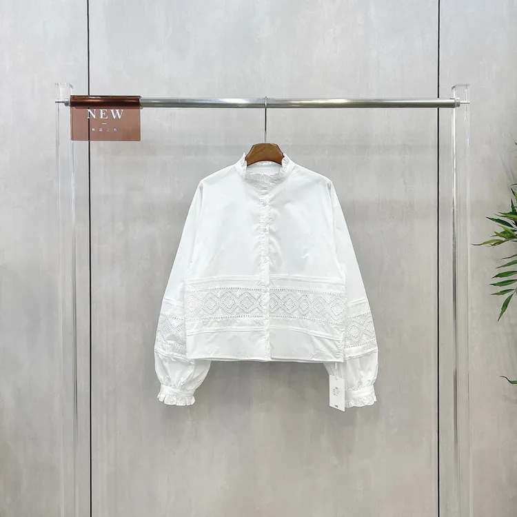 YKS依卡诗甜美法式减龄花边立领长袖衬衫女镂空喇叭袖上衣259020