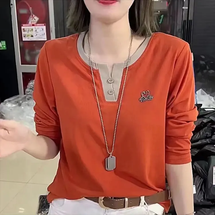 春秋新款休闲女装黑天鹅V领长袖T恤时尚减龄显瘦中年人上衣潮