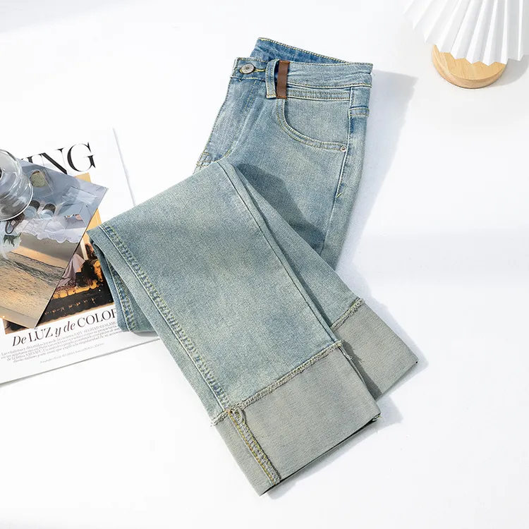 夏天薄款烟管裤女2025年新款高腰显瘦爆款拼接直筒牛仔裤小个子