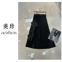 秋季新款时尚洋气减龄小众设计感黑色立体玫瑰针织半裙