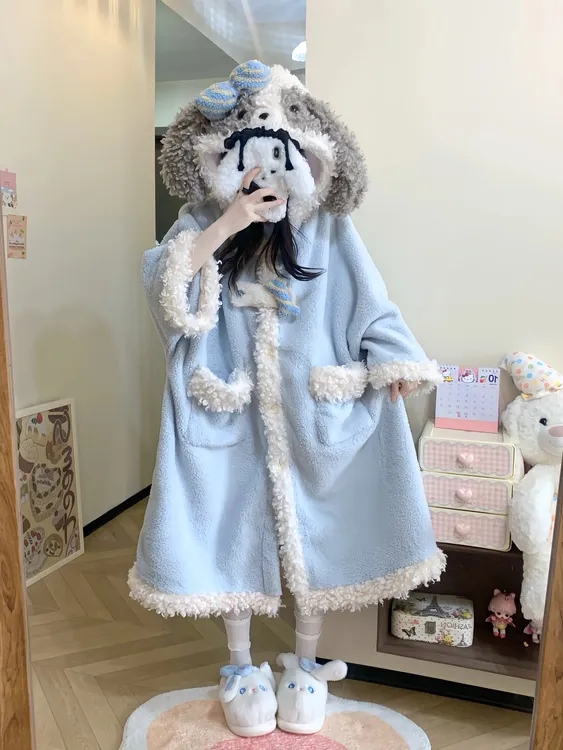 可爱少女小狗长款睡袍斗篷睡裙女2025冬季珊瑚绒加绒加厚家居睡衣