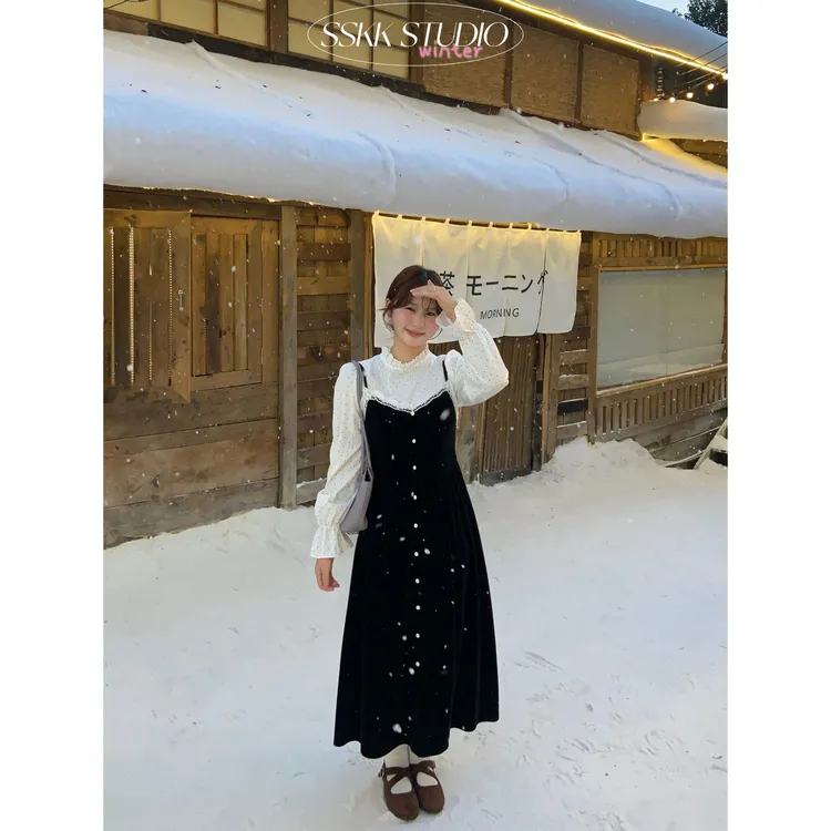 KMZY/KMZY山_山【心动定律】微胖韩系丝绒单排扣气质假两件连衣裙女