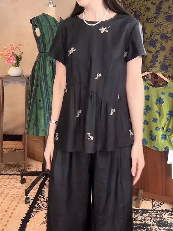 新中式国风女装高级感轻奢2025夏新宽松遮肚短袖上衣阔腿休闲裤