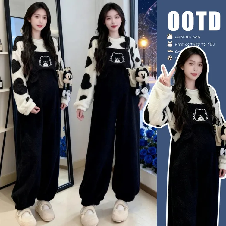 孕妇装秋装2025新款秋冬外穿洋气时尚休闲宽松大码加厚上衣背带裤