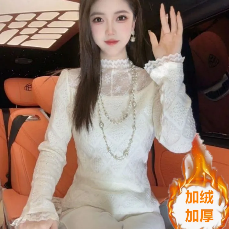 修身镂空高领蕾丝针织衫女秋冬新款小个子法式高级长袖打底衫上衣