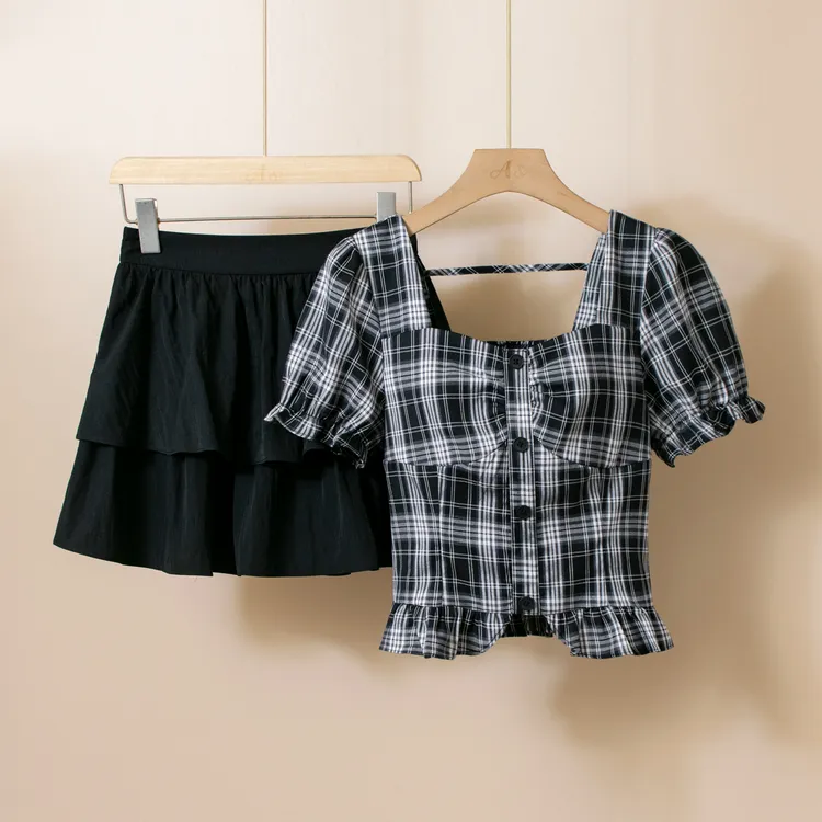 学院风时尚套装2025夏季新款洋派减龄方领格纹衬衫高腰短裙两件套