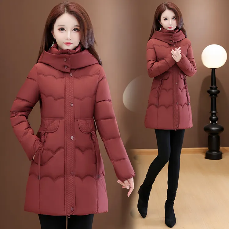 拼接保暖拉链中长款宽松可脱卸帽冬装女士羽绒棉服高端棉衣外套