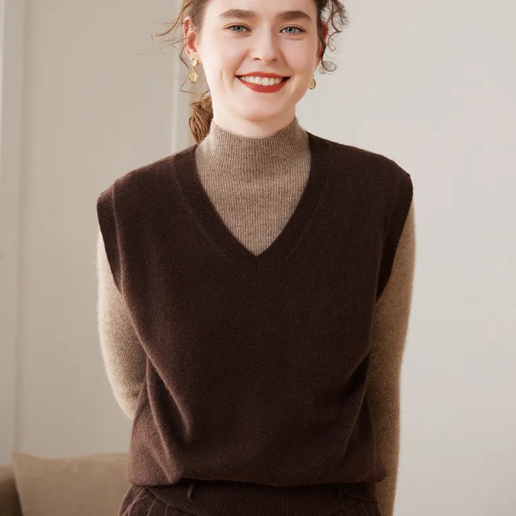 咖啡色V领无袖针织羊绒马甲纯色百搭毛衣休闲羊毛衫上衣打底马夹