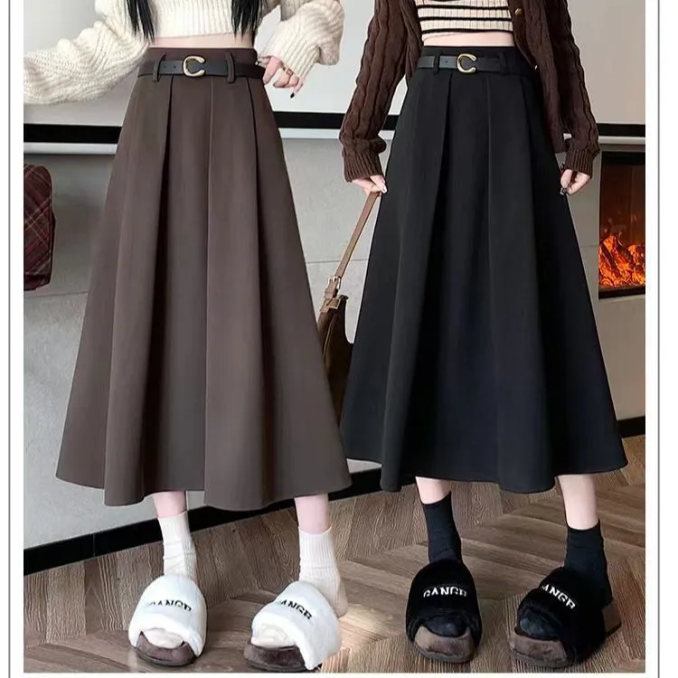 秋冬新品中长款毛呢半身裙A字高腰显瘦百褶裙小香风大摆裙