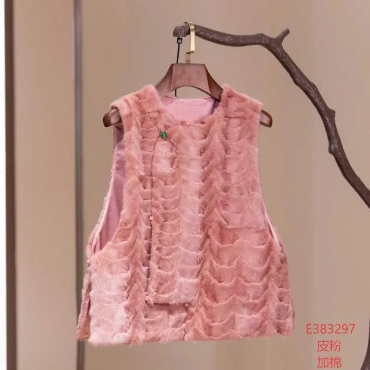 【锦系】弹力缎拼皮毛一体水貂中式圆领斜襟加棉马甲上衣E-383297